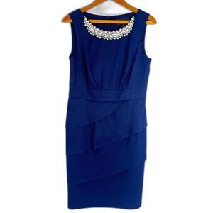 Connected‎ Apparel Navy Blue Sleeveless Pearl Necklace Sheath Dress Size 10